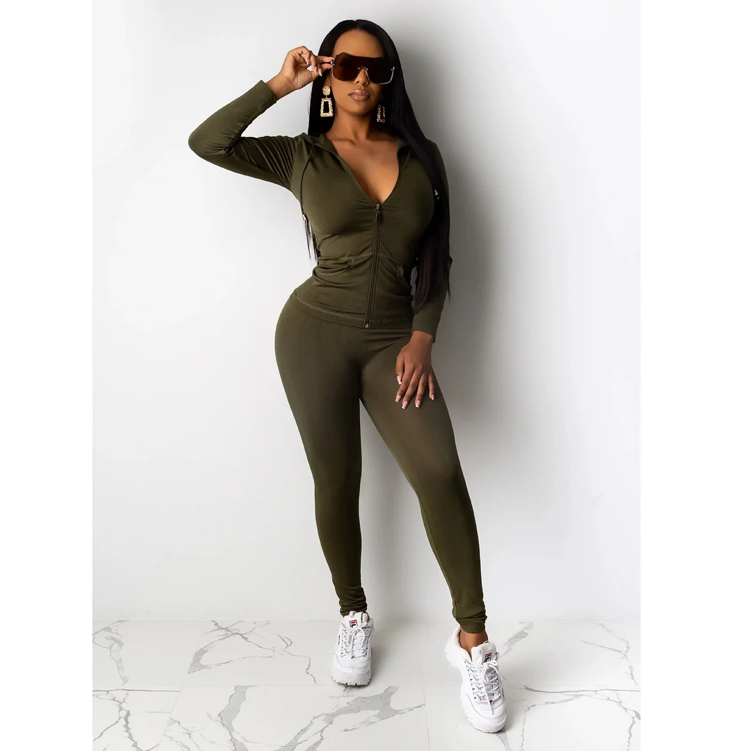 autumn two piece set women long sleeve hooded zipper pocket sporty Jackets+leggings matching sets workout stretchy outfits