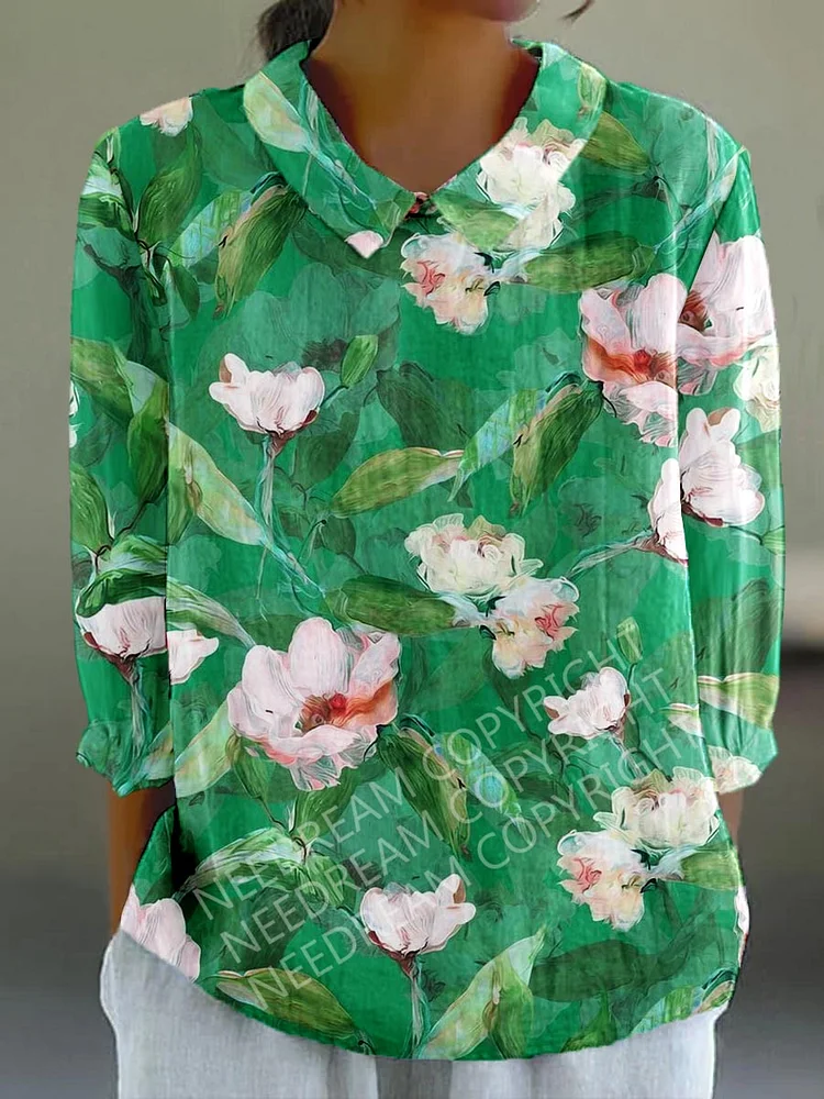Womens Elegant Watercolor Rose  Flower Casual Cotton And Linen Top
