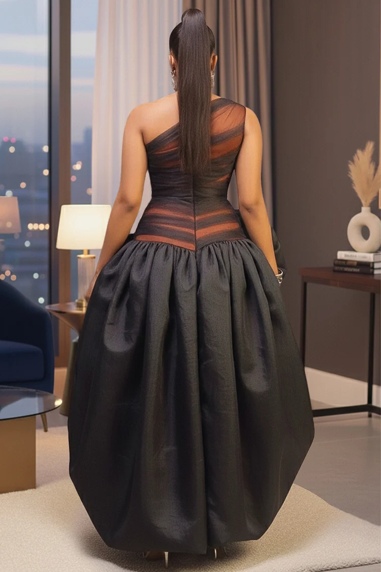 One Shoulder Patchwork Irregular Hem Party Maxi Dresses-Black [Pre Order]