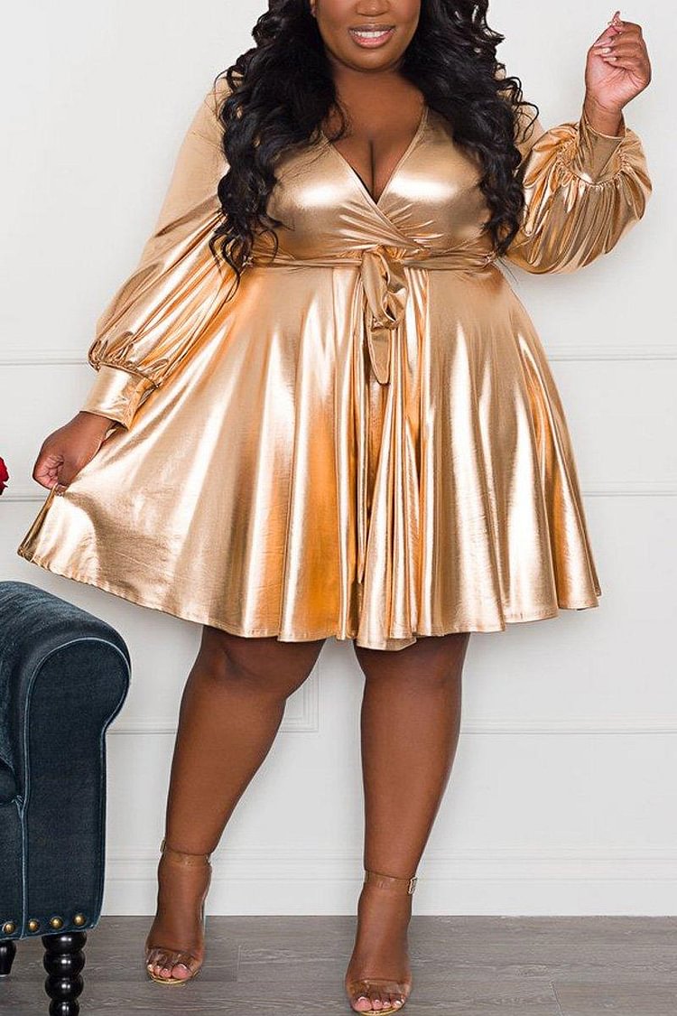 Plus Size V Neck Gold Bandage Flare Babydoll Mini Dress