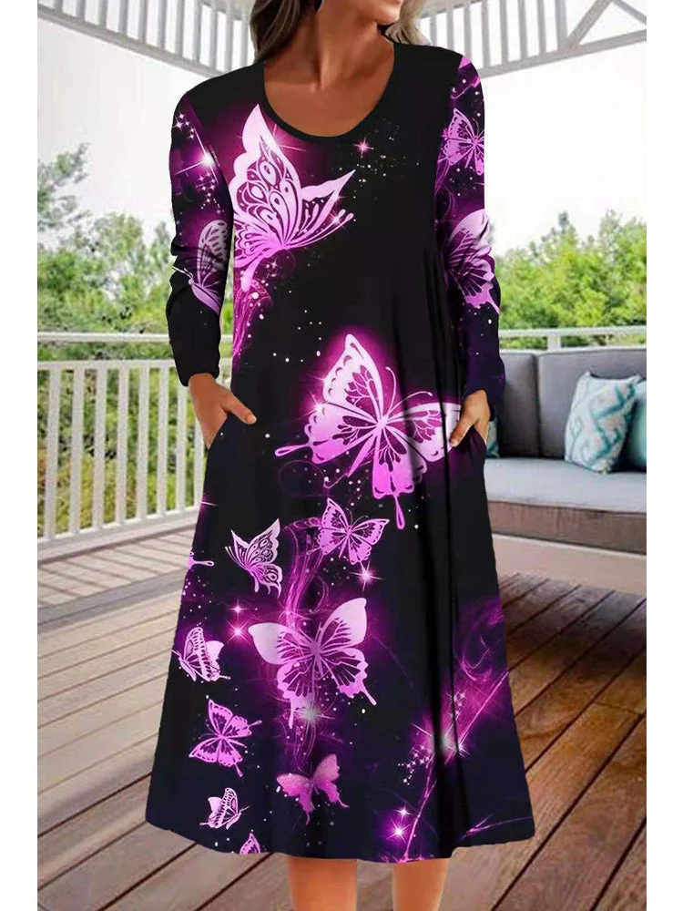 Women Long Sleeve Scoop Neck Animal Print Graphic Dress