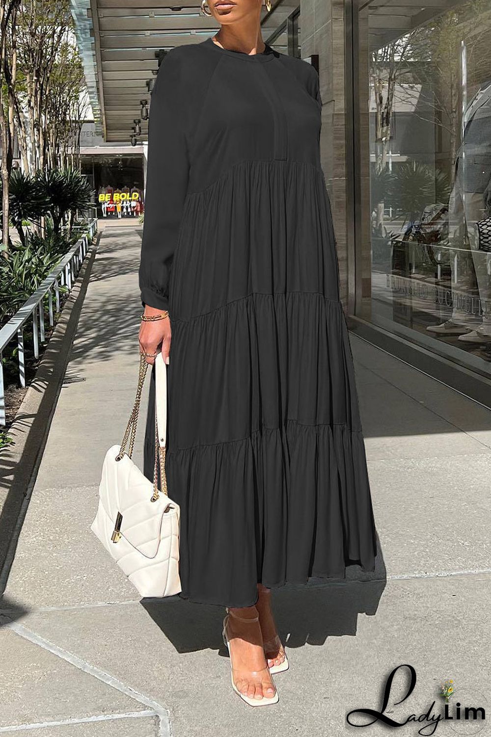 Apricot Casual Solid Patchwork Fold O Neck Straight Dresses