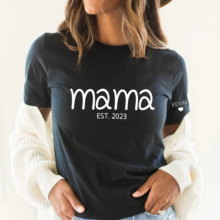 Personalised Chest Text Customization Mama Est Year T-shirt, with Children's Names on the Sleeve, Mother's Day Gift