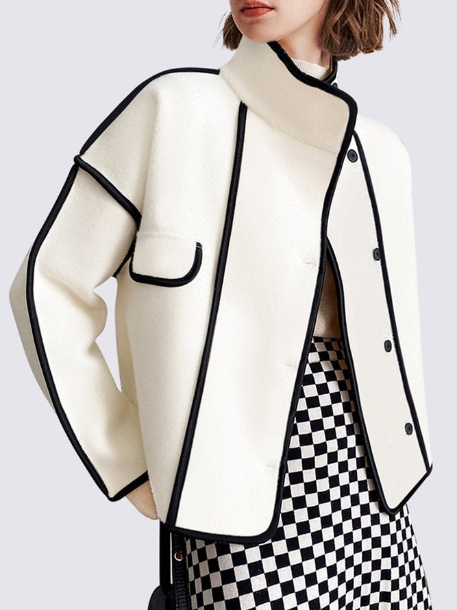 Womens Color Block Piping Stand Collar Loose Jacket