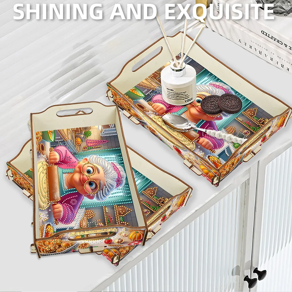5D DIY Old Lady Diamond Painting Serving Tray with Handle for Coffee Table Decor