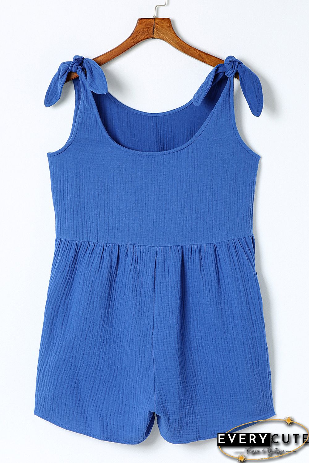 Blue Textured Knotted Straps High Waist Wide Leg Romper