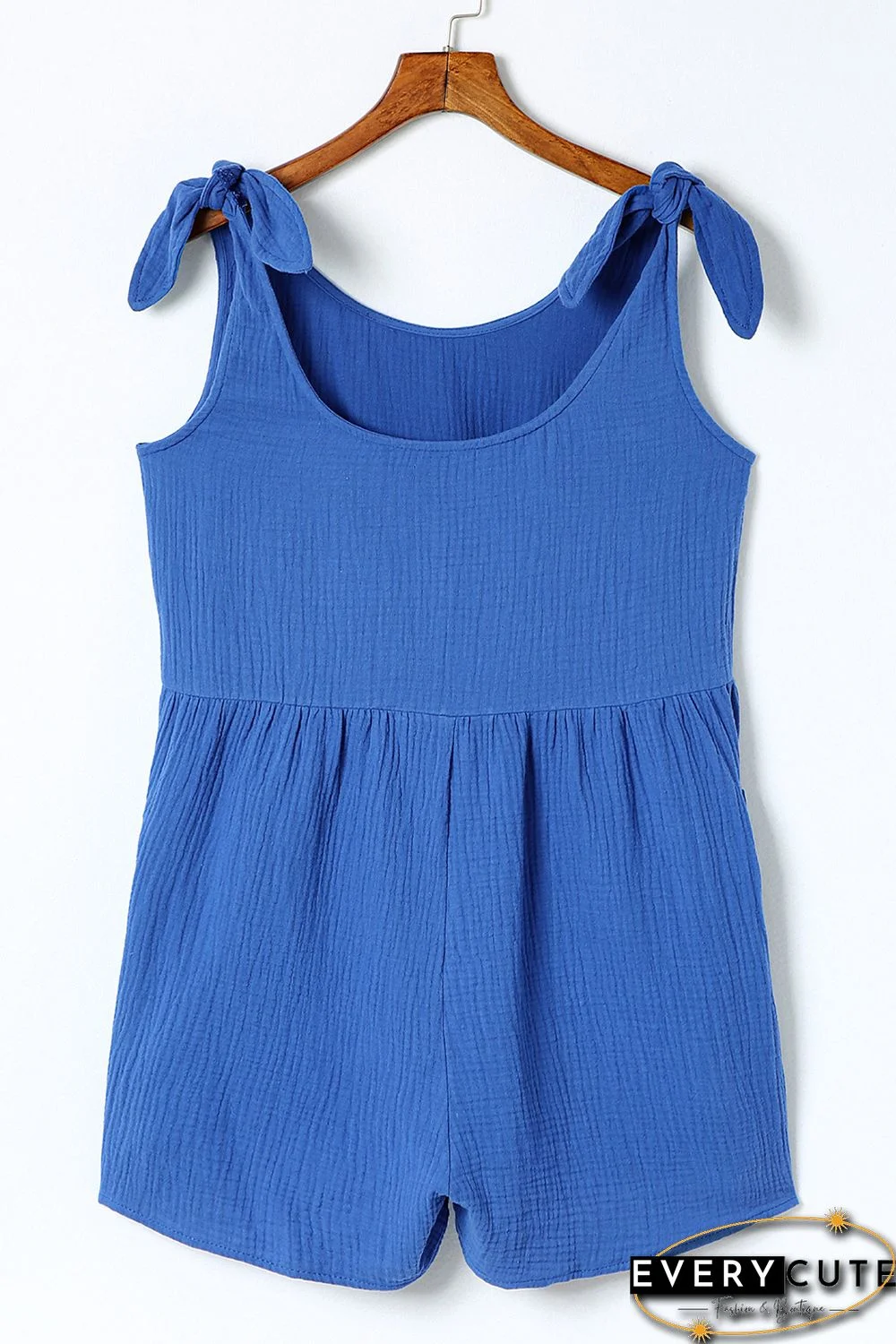 Blue Textured Knotted Straps High Waist Wide Leg Romper