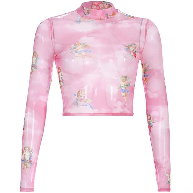 Uveng Uveng Women's Cheruel Print Gauze Short Long Sleeve T-Shirt Top Four-Leaf Clover Print Top