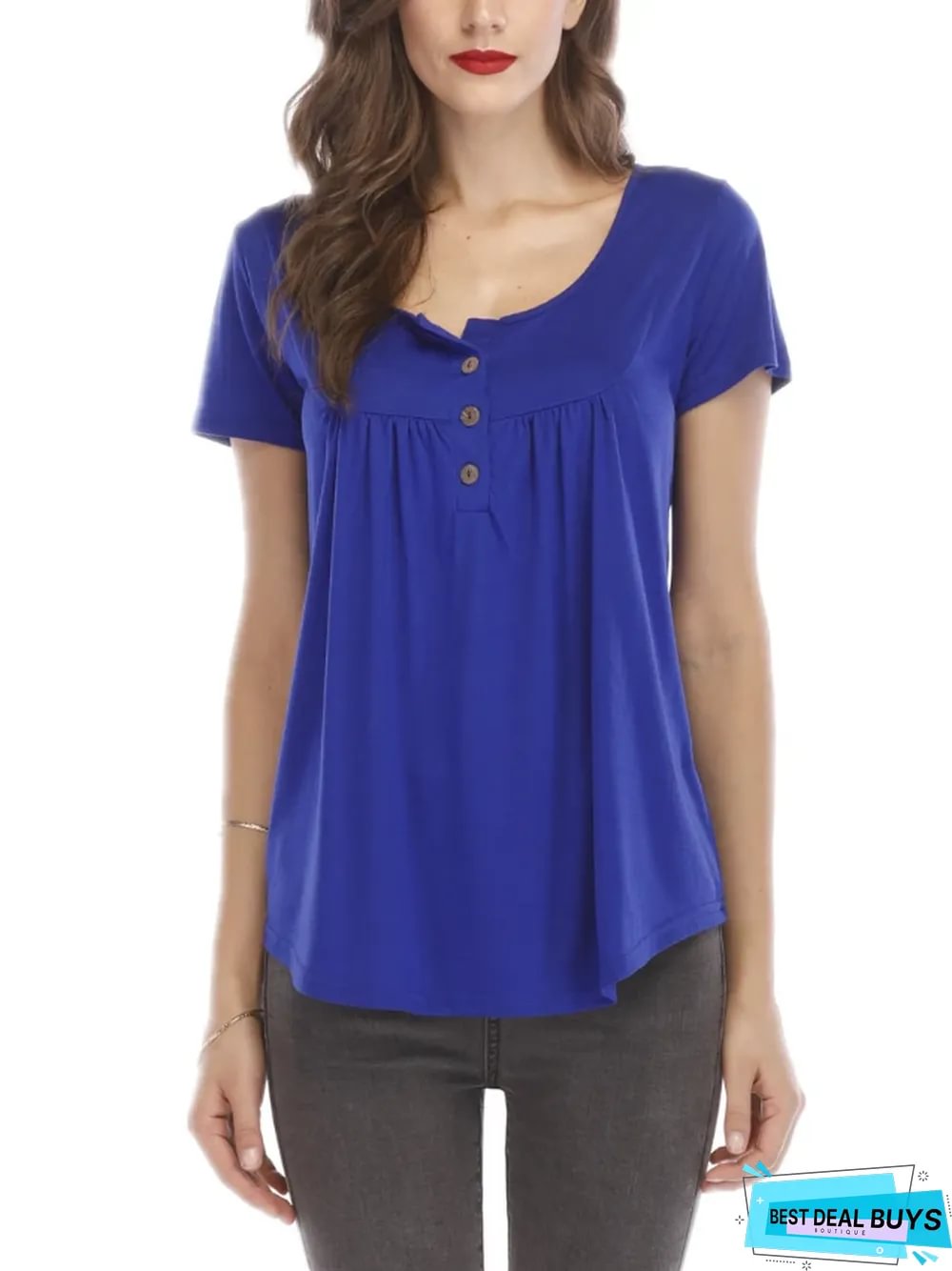 New Women's Pleated Button Loose Short Sleeve T-Shirt