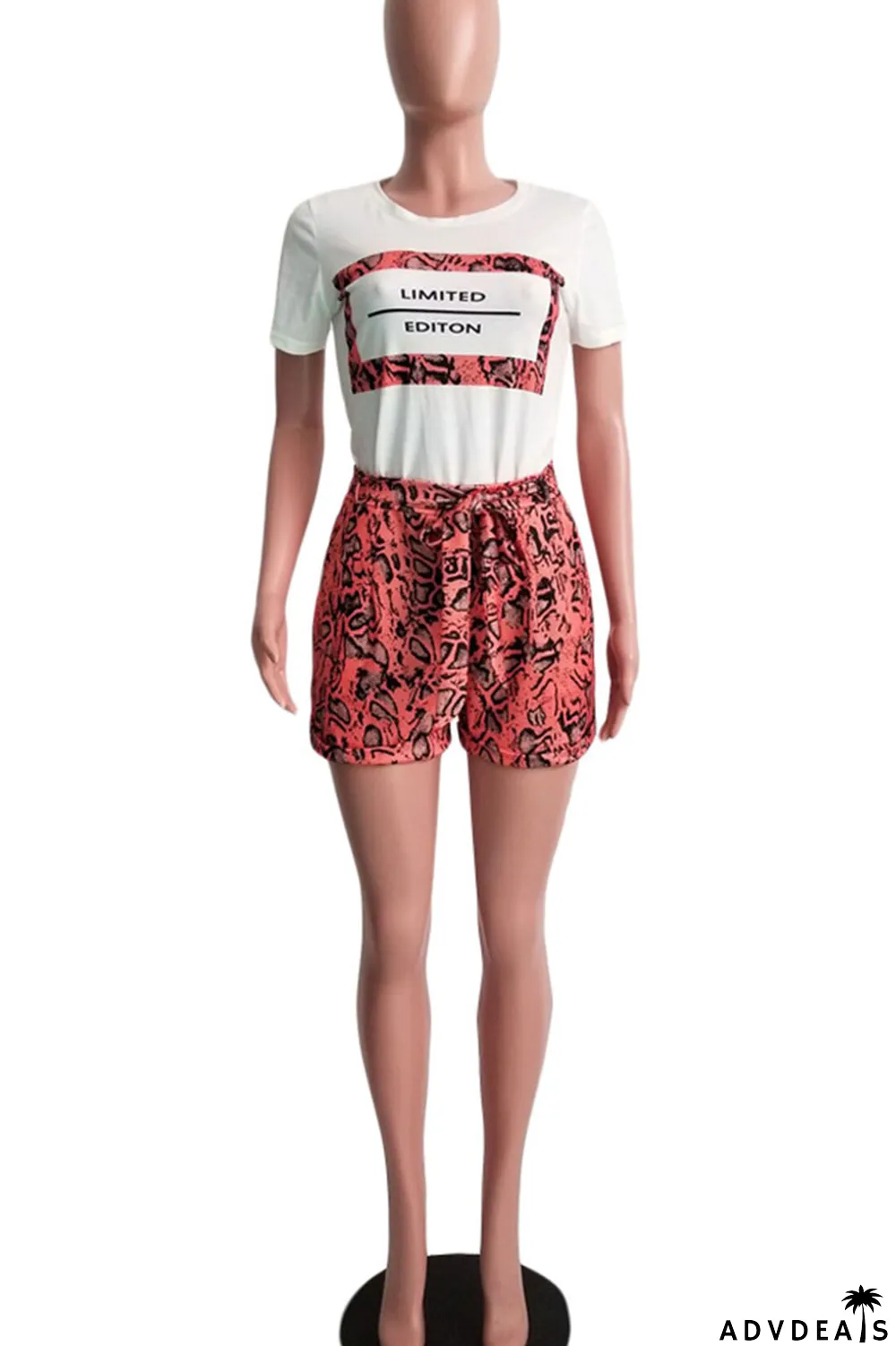 Tangerine Red Casual Street Print Patchwork O Neck Short Sleeve Two Pieces