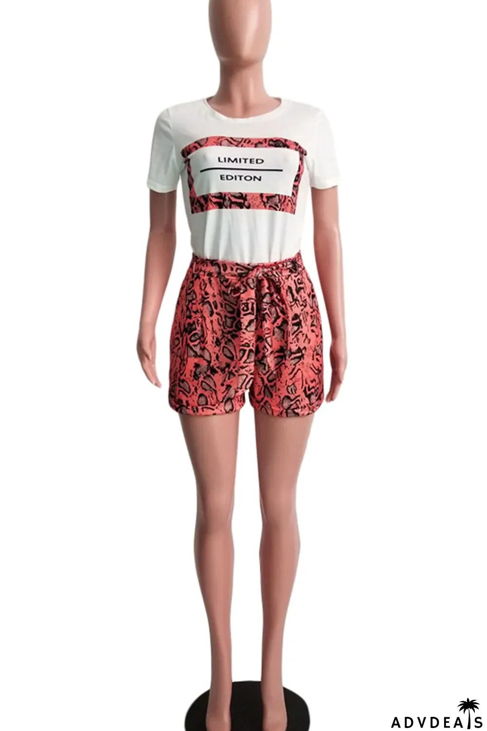 Tangerine Red Casual Street Print Patchwork O Neck Short Sleeve Two Pieces