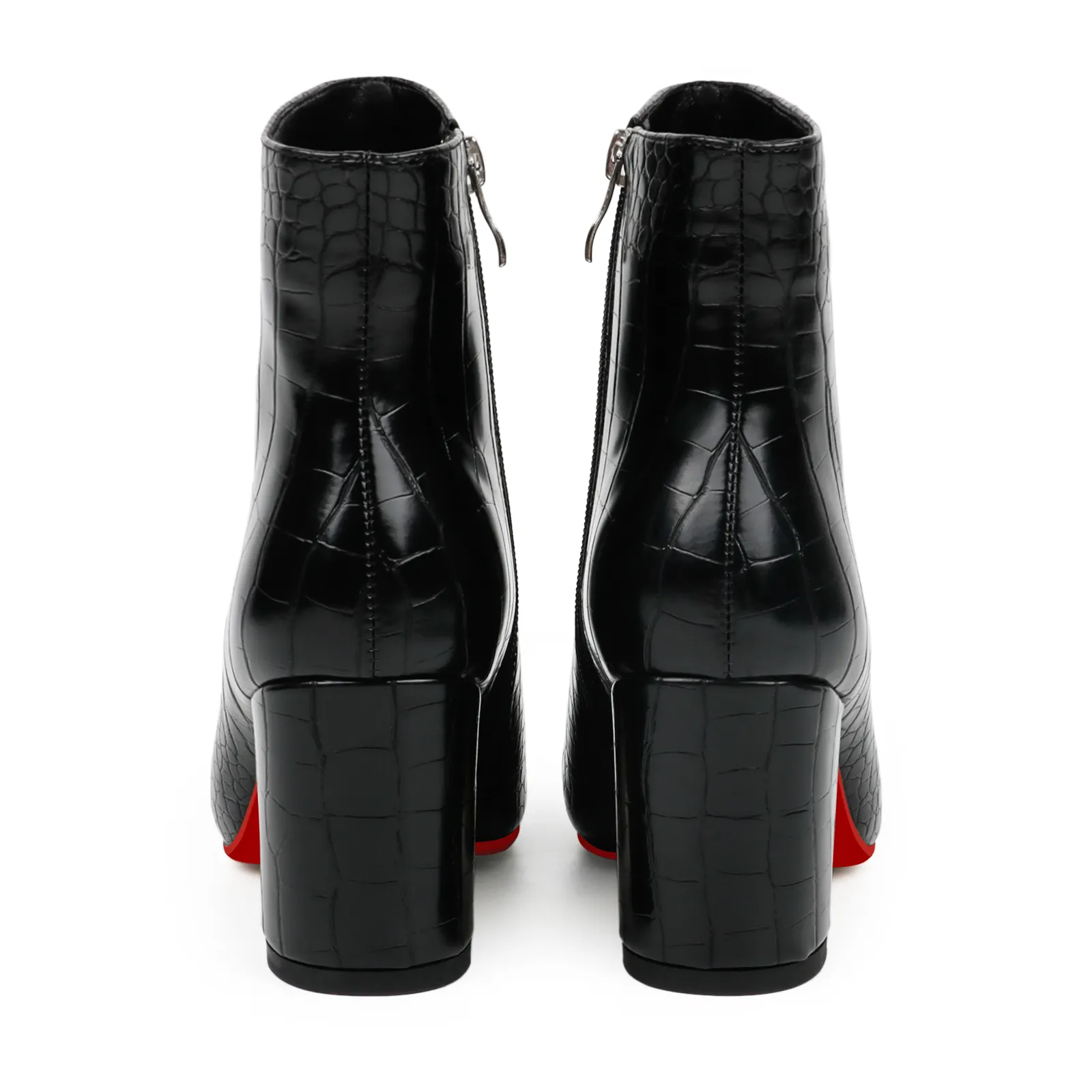 75mm Women's Zipper Pointed Toe Red Bottom Chunky Heel Ankle Boots-vocosishoes