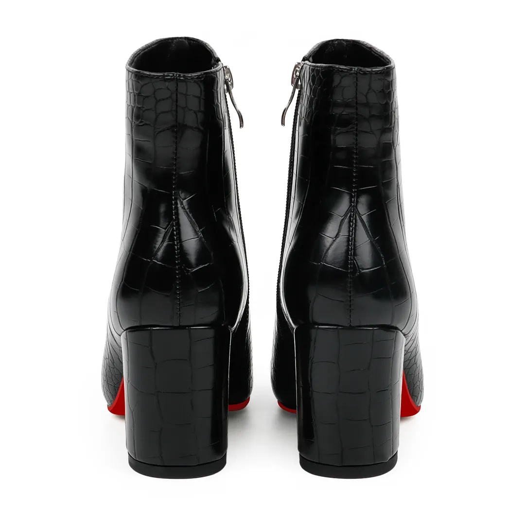 75mm Women's Zipper Pointed Toe Red Bottom Chunky Heel Ankle Boots-vocosishoes
