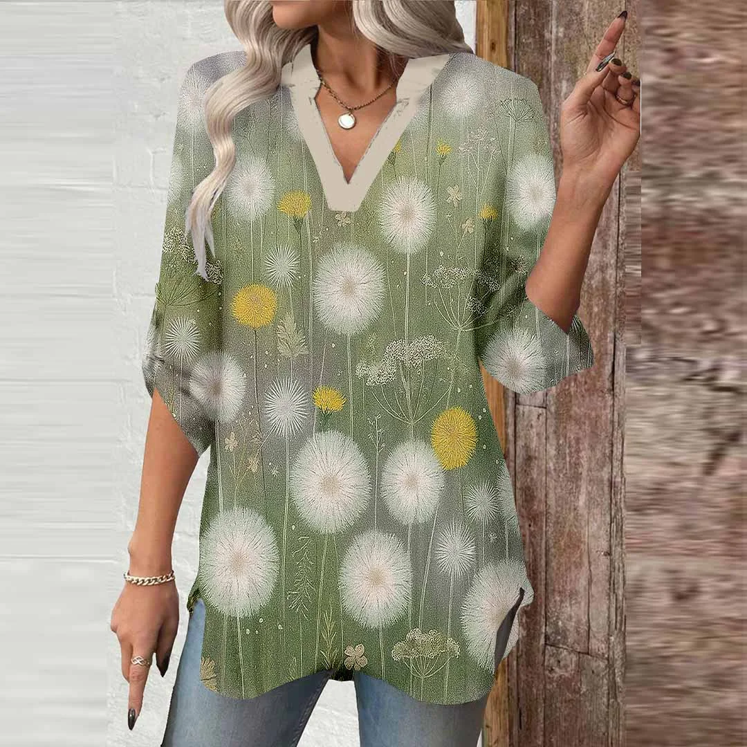 Women Floral, Green, White DZGA0594 3/4 Sleeve V-neck Printed Graphic Button Tops