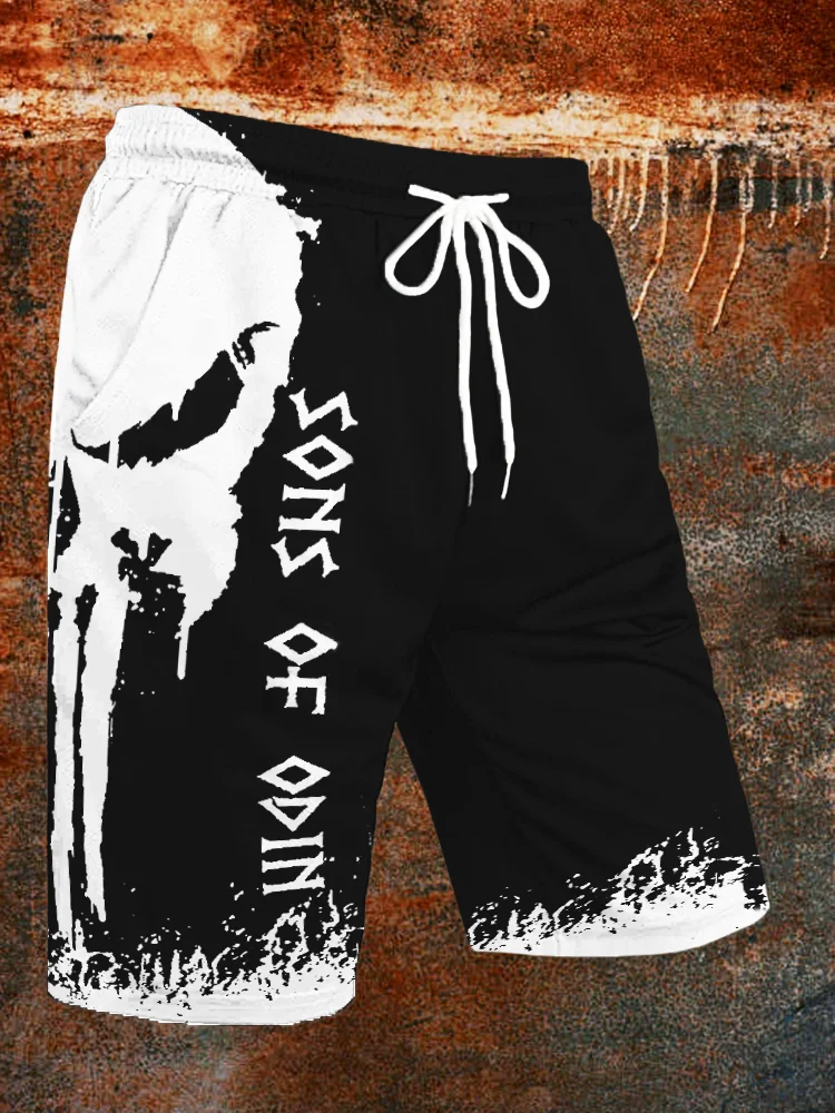 Broswear Men's Sons Of Odin Skull Contrast Color Drawstring  Shorts