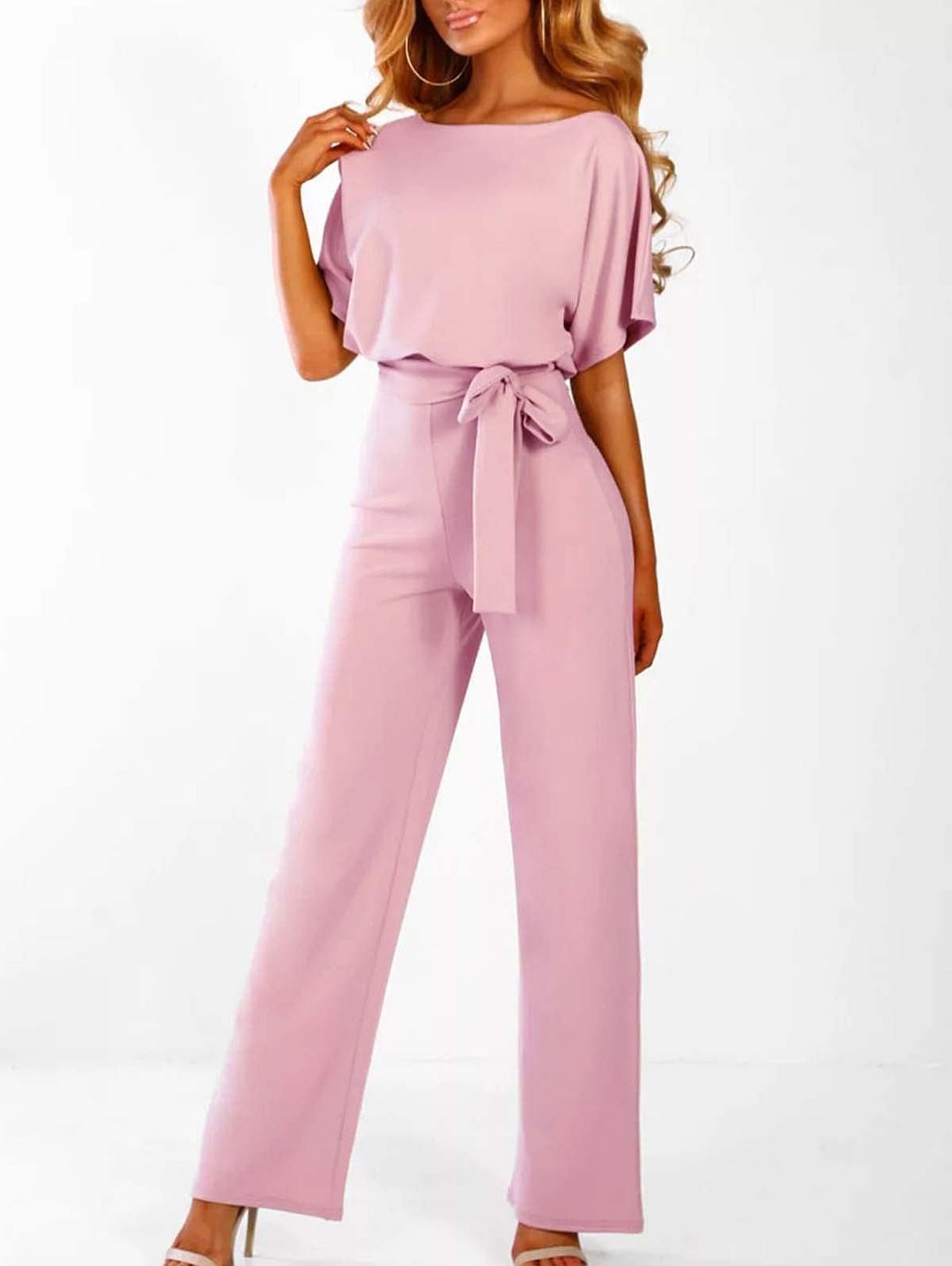 Plain Boat Neck Batwing Sleeve Belted Jumpsuit