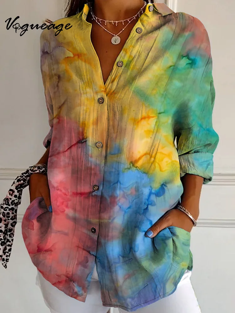 Simple And Bright Rainbow Multi-Color Gradient Long Sleeves Printed Cotton And Linen Shirt