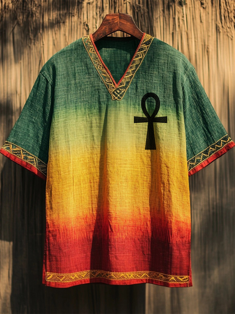 Ankh Cross Embroidered Rasta Color Gradient Linen T Shirt