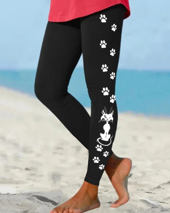 Women Black Cat Paws Simple Halloween Leggings