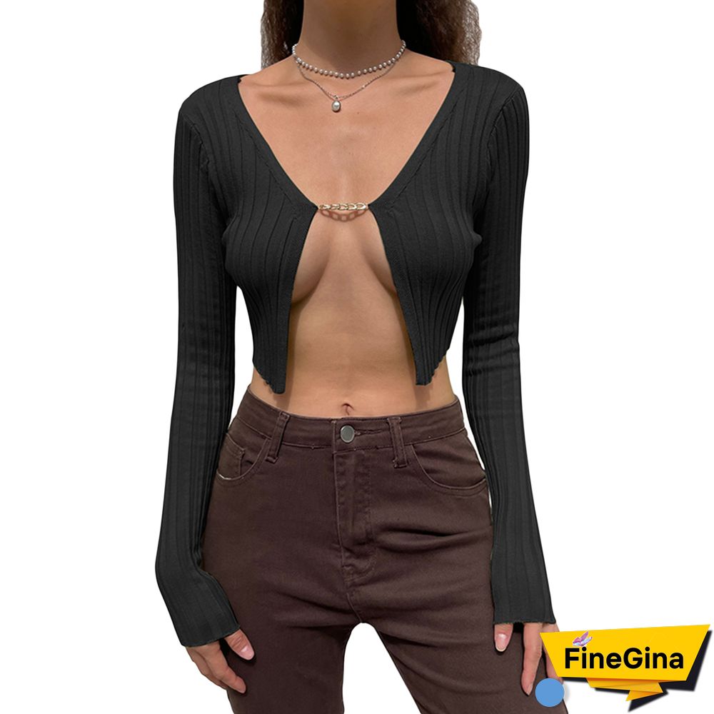 Y2k Crop Tops Women Knitted Long Sleeve Tshirt Skinny Party Clubwear Outfits Korean Fashion Cardigan Clothes