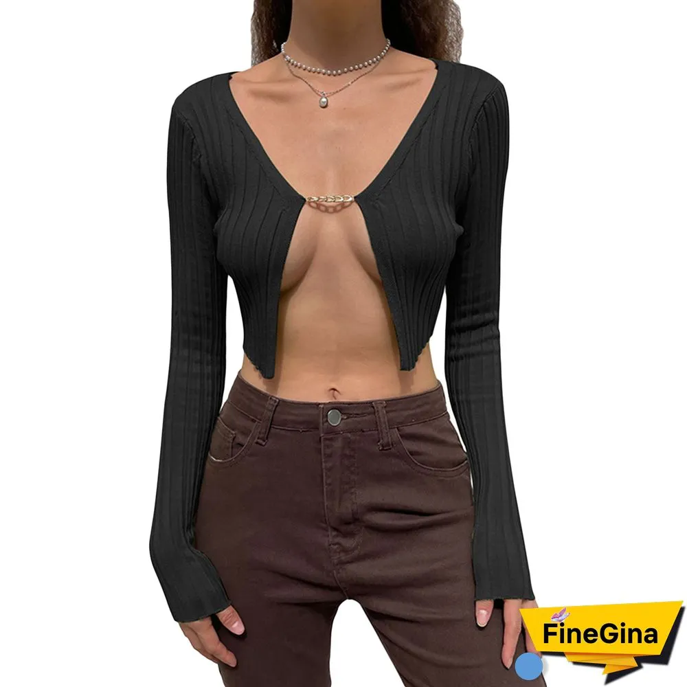 Y2k Crop Tops Women Knitted Long Sleeve Tshirt Skinny Party Clubwear Outfits Korean Fashion Cardigan Clothes