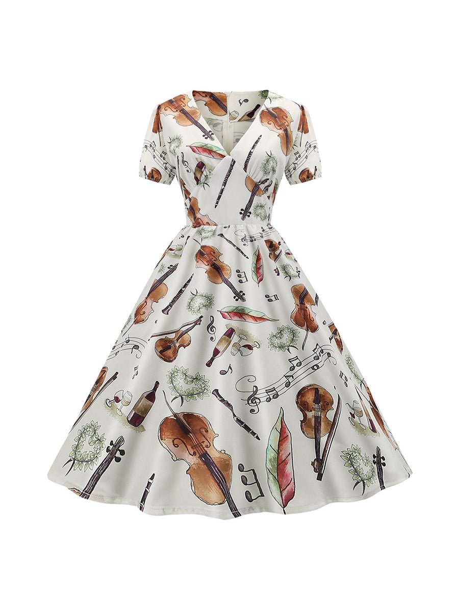 Art Style Dress Violin Printed Puff Sleeve Party Dress