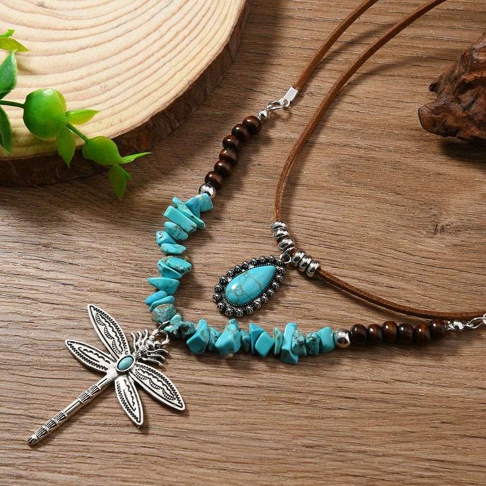 Comstylish Bohemian Style Dragonfly Turquoise Necklace Two-piece Set Big Pendant