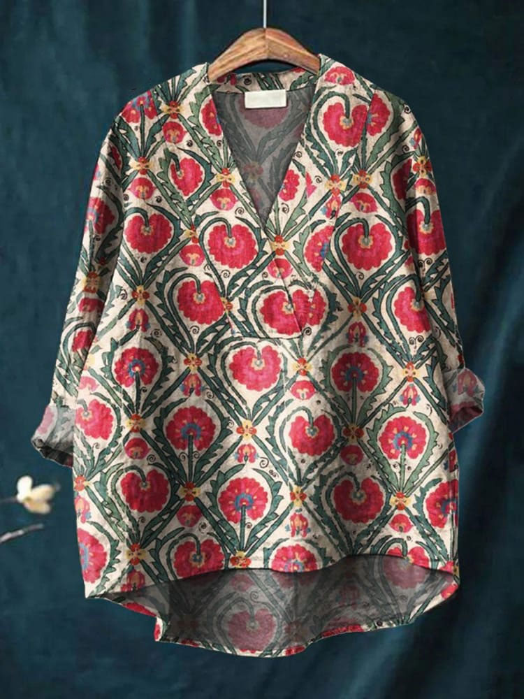 Women's  Flower Art Print Casual Cotton And Linen V-neck Shirt