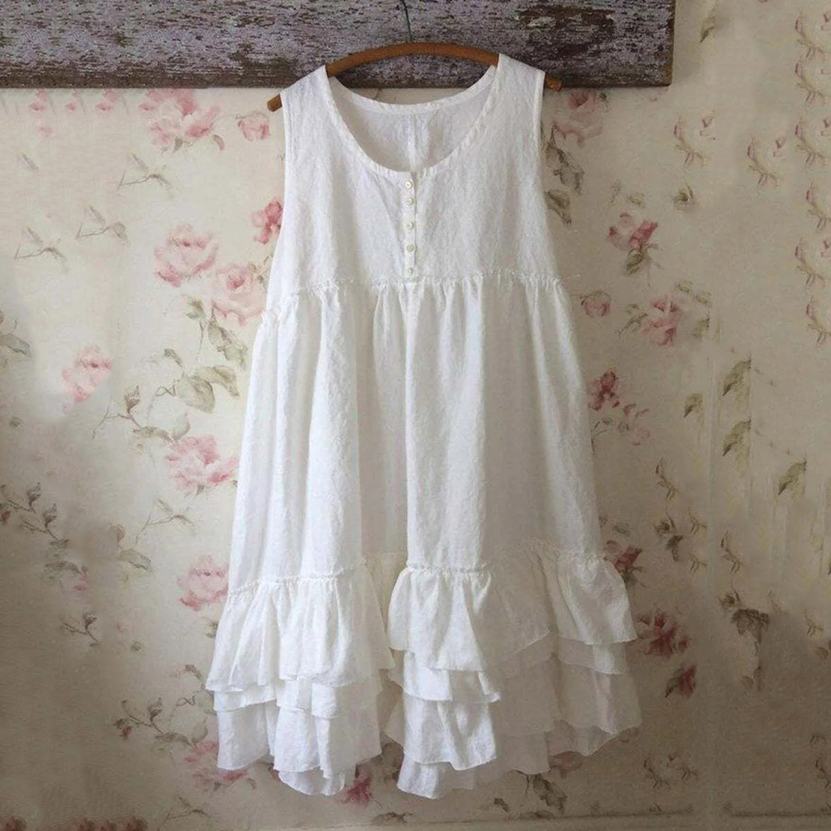 Vintage Linen Solid Color Sleeveless Ruffled Hem Casual Mini Dress