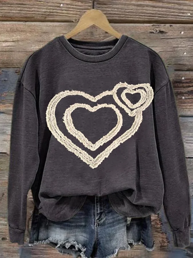 Women'S Heart Print Long Sleeve Sweatshirt