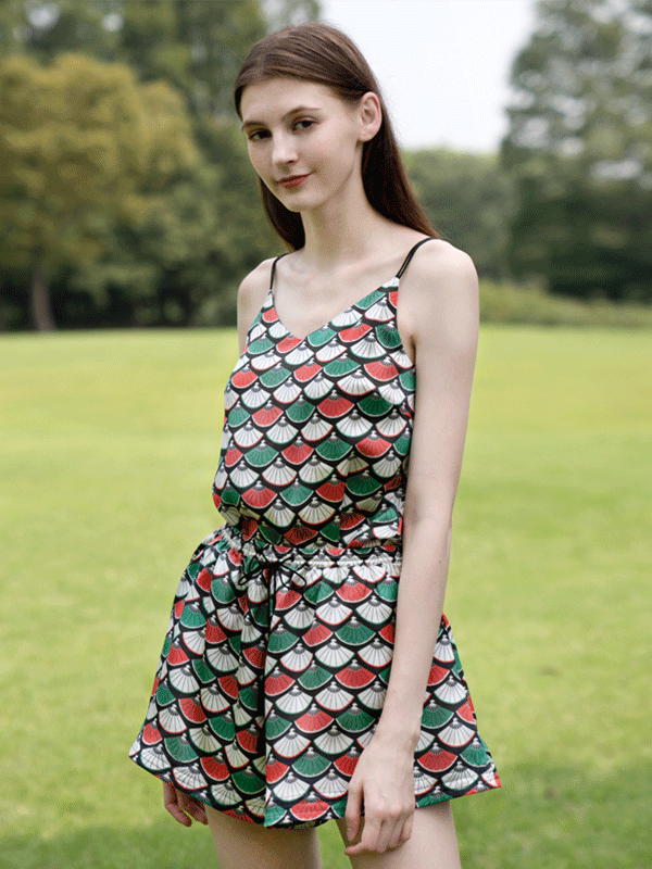 Luxury Japanese Fan Pattern Printed Silk Camisole Set-luxurysilklife