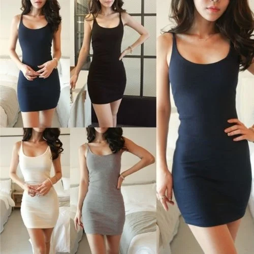 Women Stretchy Camisole Spaghetti Strap Long Tank Top Slip Mini Dress 4Color XXL is available Now