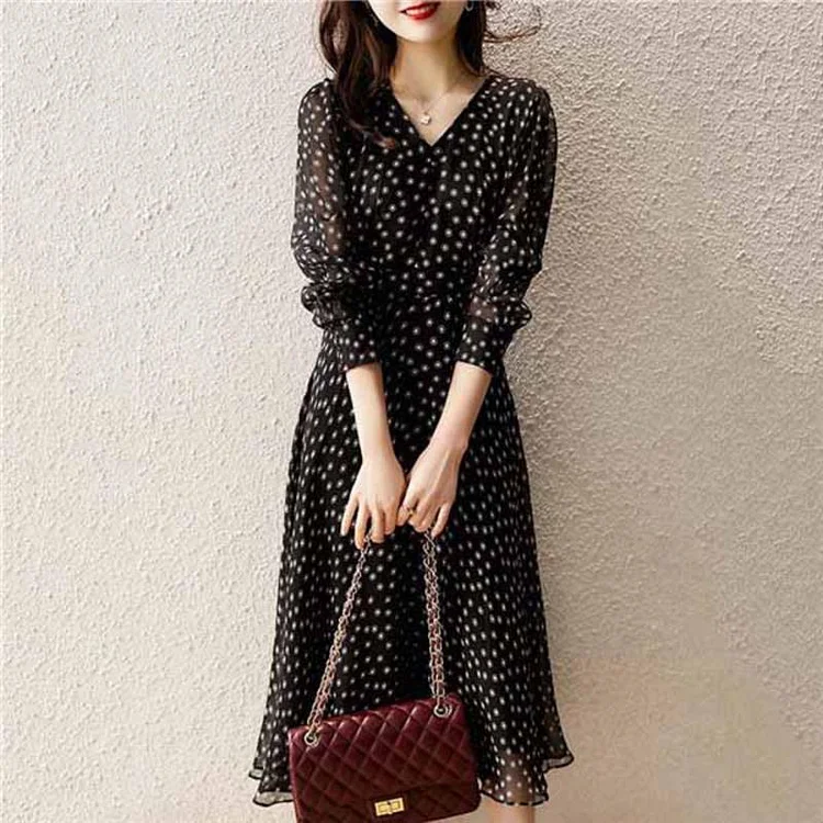 Black Long Sleeve Polka Dots Dress