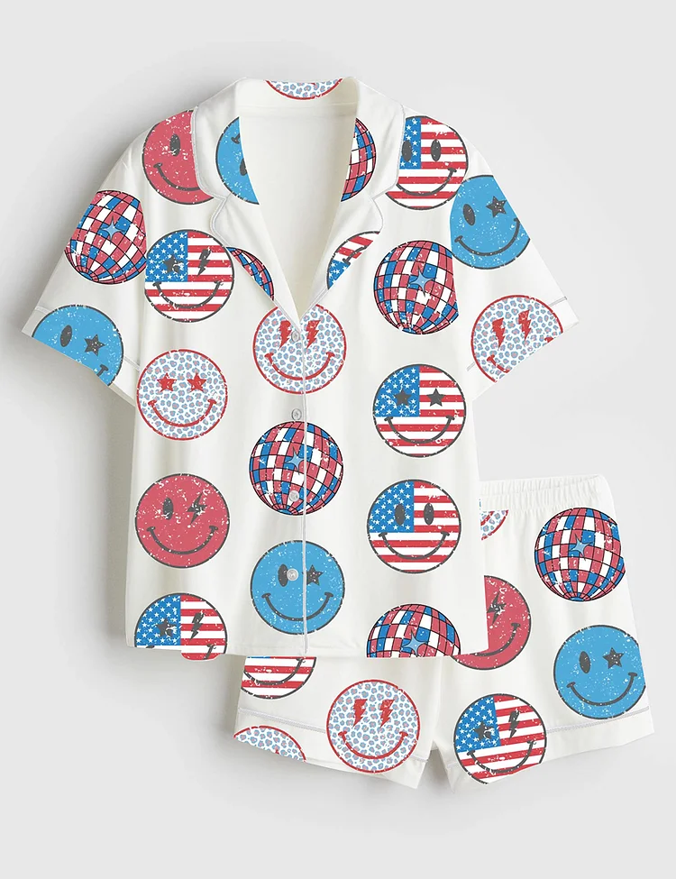 Women&rsquo;s Patriotic Stars Stripes USA Flag 4th Of July American Flag Independence Day Red White Blue Smile Face Short Sleeve Satin Pajama Set