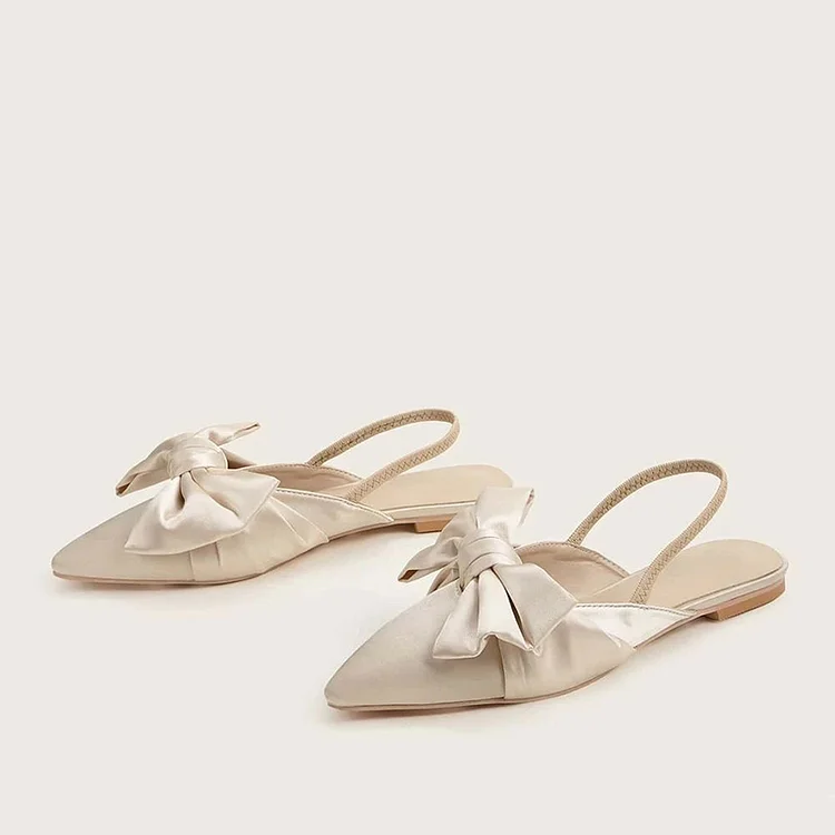 Beige Satin Bow Bridal Shoes Elegant Pointed Toe Slingback Flats |FSJ Shoes