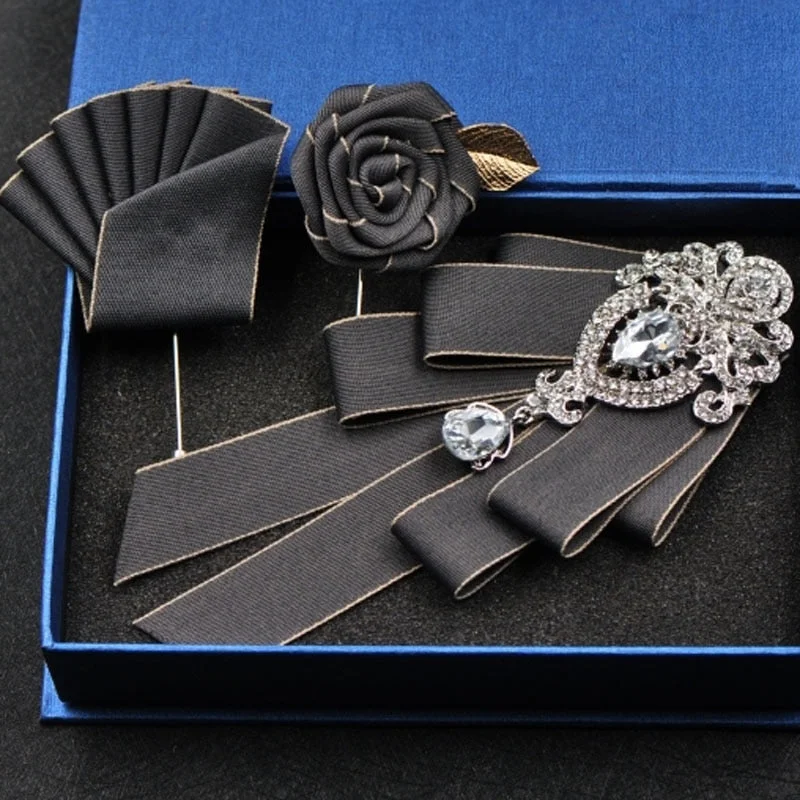 High-quality Fashion Handmade Red Diamond Bow Tie Wedding Collar Bowtie Brooch Pocket Towel Square Set Gifts for Men Accessories