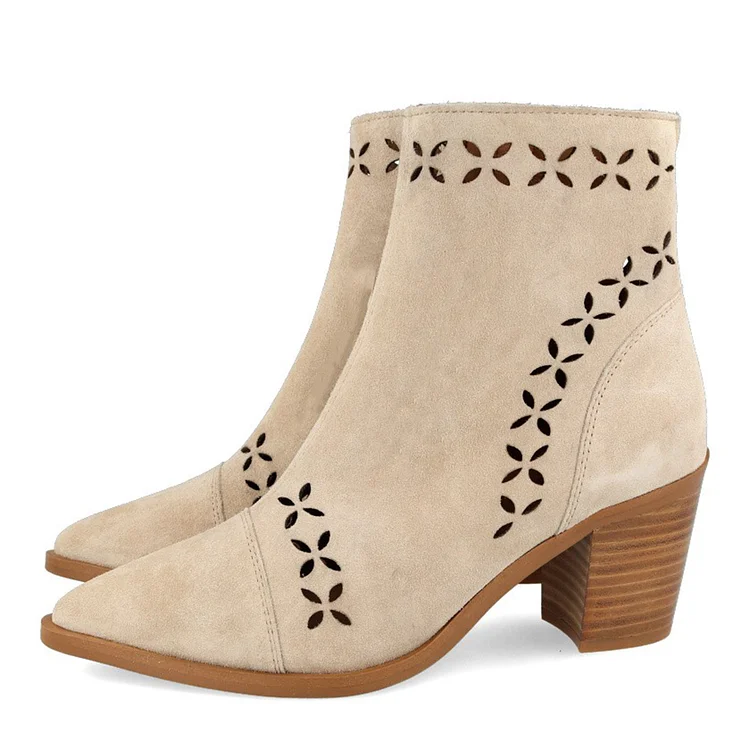 Beige Suede Closed Pointed Toe Cut Out Ankle Boots With Chunky Heels |FSJ Shoes