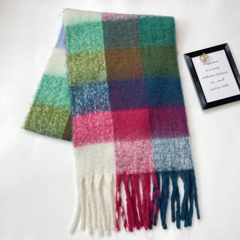 Rainbow Plaid Tassel Scarf For Women Autumn And Winter Famous Color Matching Cashmere Mohair Shawl Thickened Scarf
