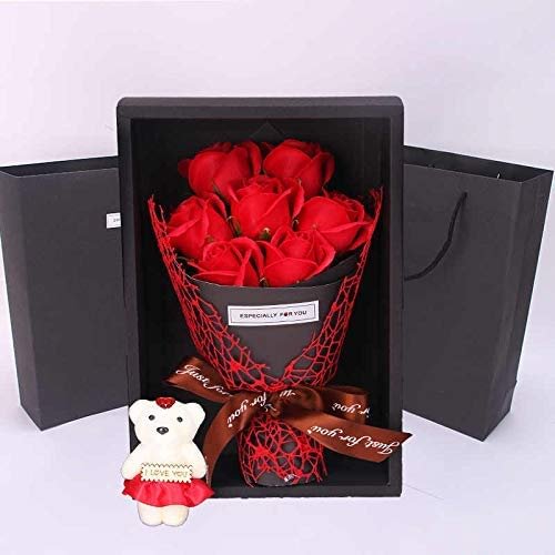 Soft Plush Teddy Bear Bouquet, Soap Flower Rose - Red Color - Valentine's Day, Anniversary Gifts - Rose Bear