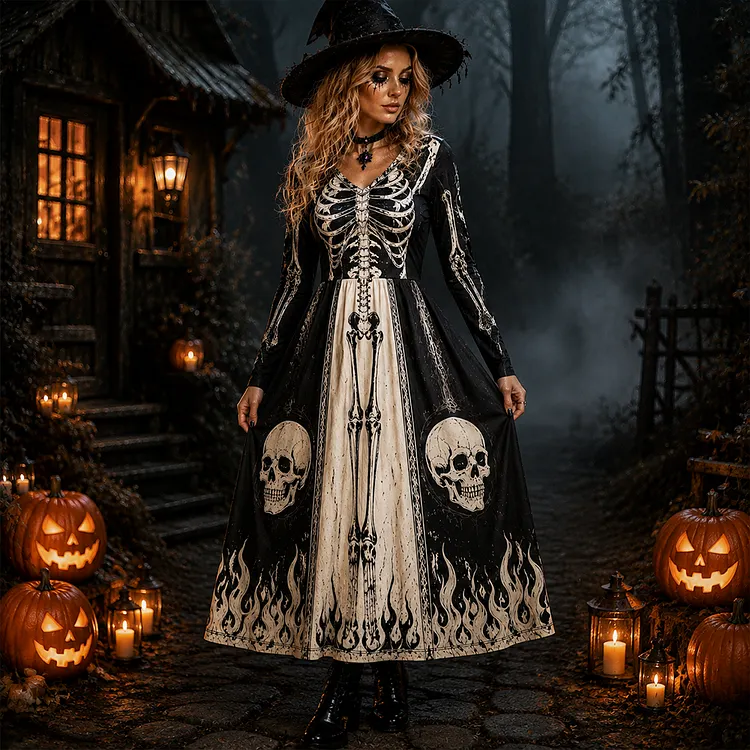 Women's Halloween Long Sleeve Midi Dress - Spooky Skeleton Bones And Skulls Print V-neck Party Costume