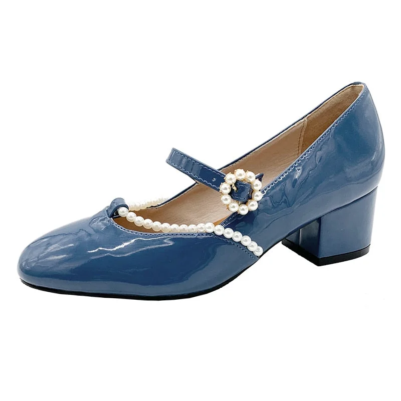 Elegant Thick Heels Mary Jane Shoes For Women 2022 Spring Patent Leather Pumps Pearl Ankle Strap Party Dress Shoes Woman