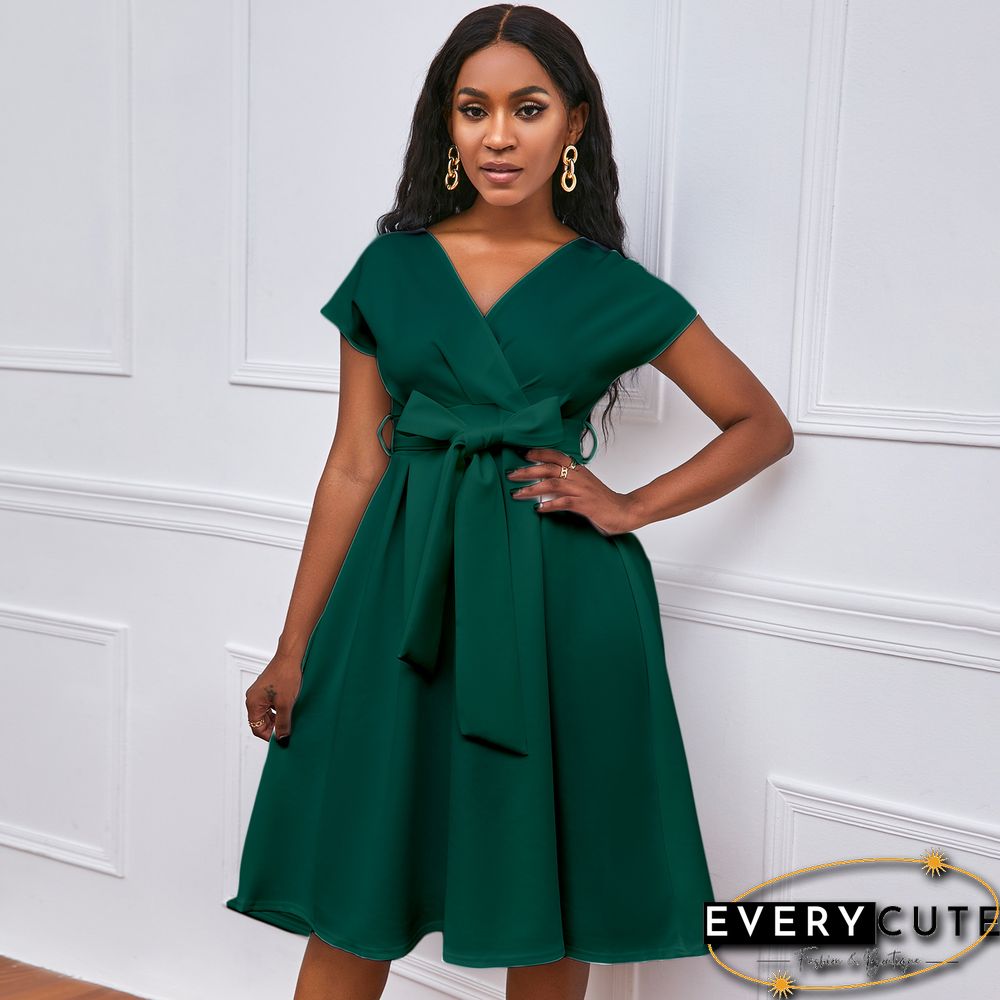 V-neck Solid Color Waist Bow Tie Dress White Dresses