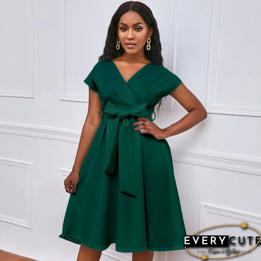 V-neck Solid Color Waist Bow Tie Dress White Dresses