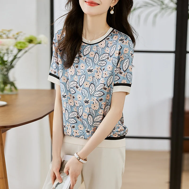 Toloer Toloer Shot Jacket Female Round Collar Short Sleeve 2023 Summer New Show Thin Print Simulation Silk Zou Temperament Half Sleeve T-Shirt-Outfit Ideas