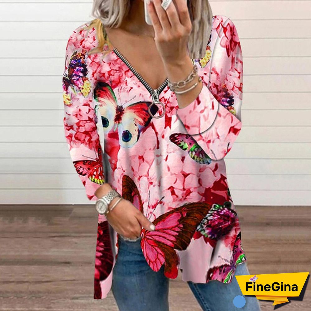 Spring and Early Autumn New Fashion Women's Butterfly Printed Casual Plus Size Long Sleeve Zipper V-neck Top Loose Soft and Comfortable Long Sleeve Bottoming Shirt XS-5XL
