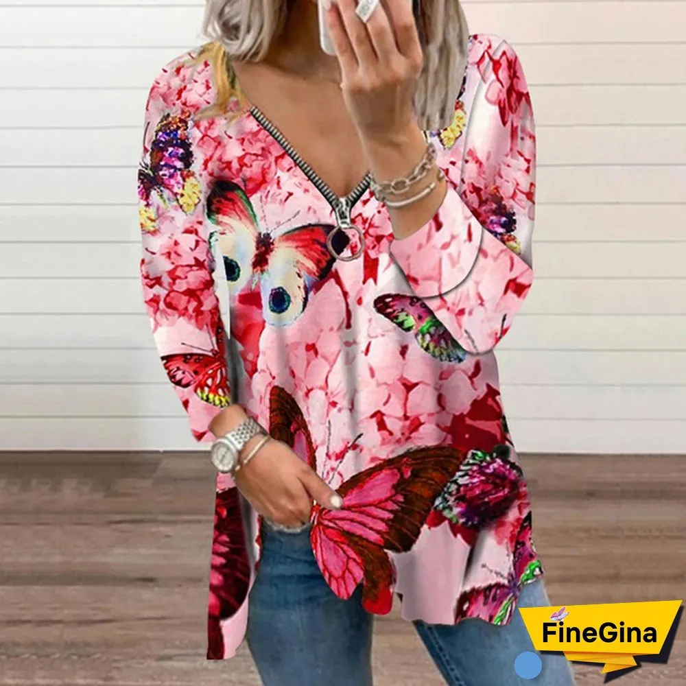 Spring and Early Autumn New Fashion Women's Butterfly Printed Casual Plus Size Long Sleeve Zipper V-neck Top Loose Soft and Comfortable Long Sleeve Bottoming Shirt XS-5XL