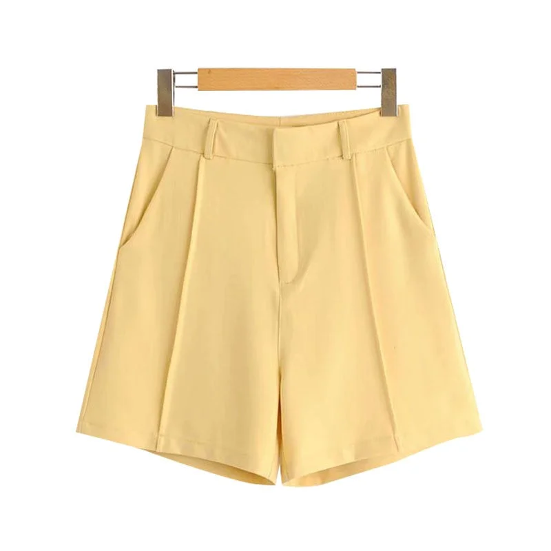 TRAF Women Chic Fashion Office Wear Side Pockets Straight Shorts Vintage High Waist Zipper Fly Female Short Pants Mujer