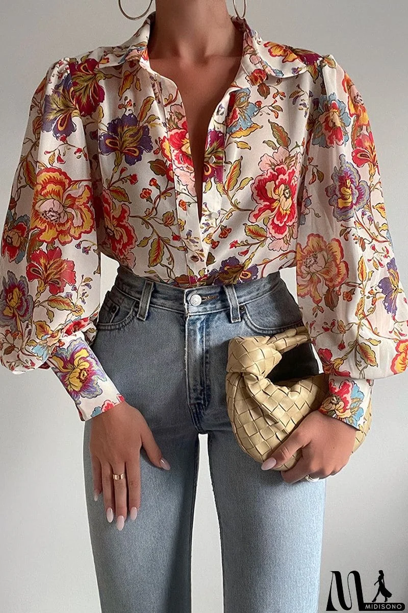 MidiSono - Elegant Floral Patchwork Turndown Collar Tops
