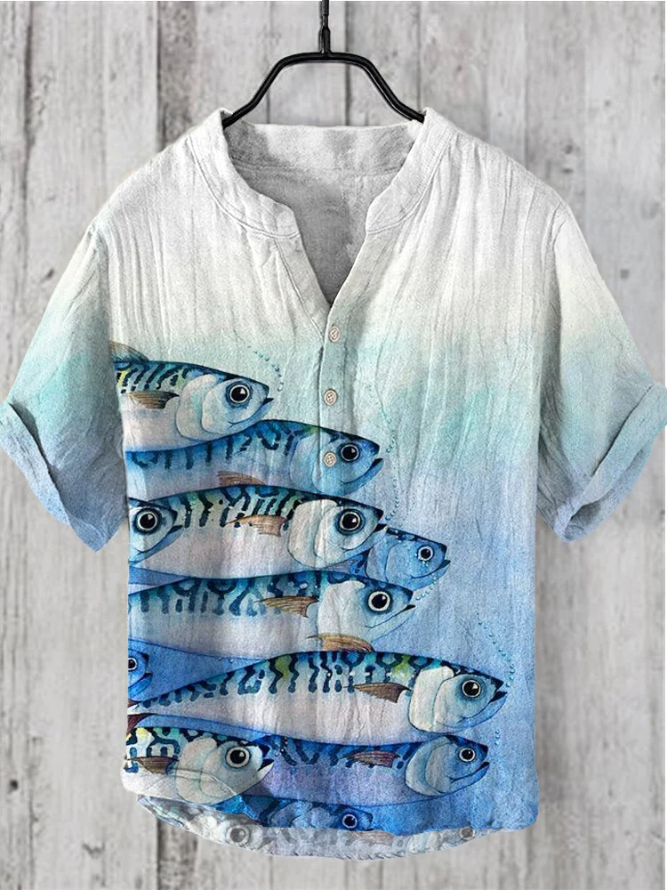 Vintage Japanese Fish Pattern Linen V-Neck Shirt