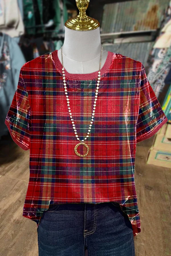 Plaid Round Neck Velvet Top